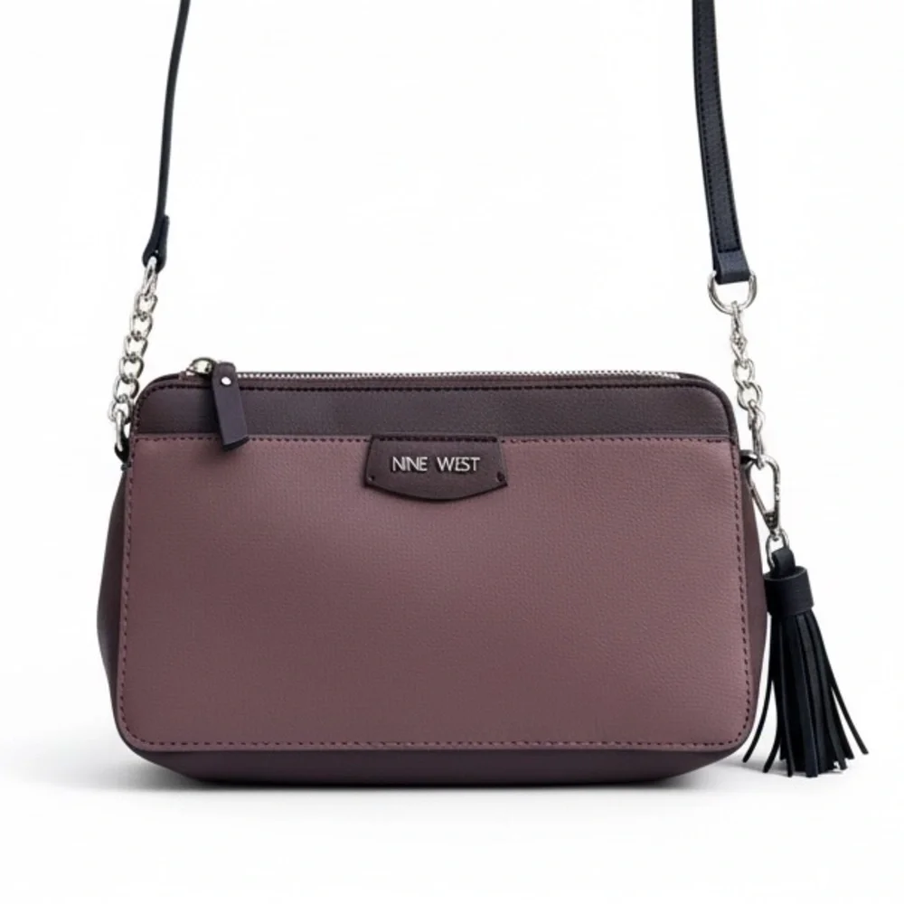 Nine West Plum Crossbody Bag Purple Leather Tassel Adjustable Strap - Picture 3 of 13